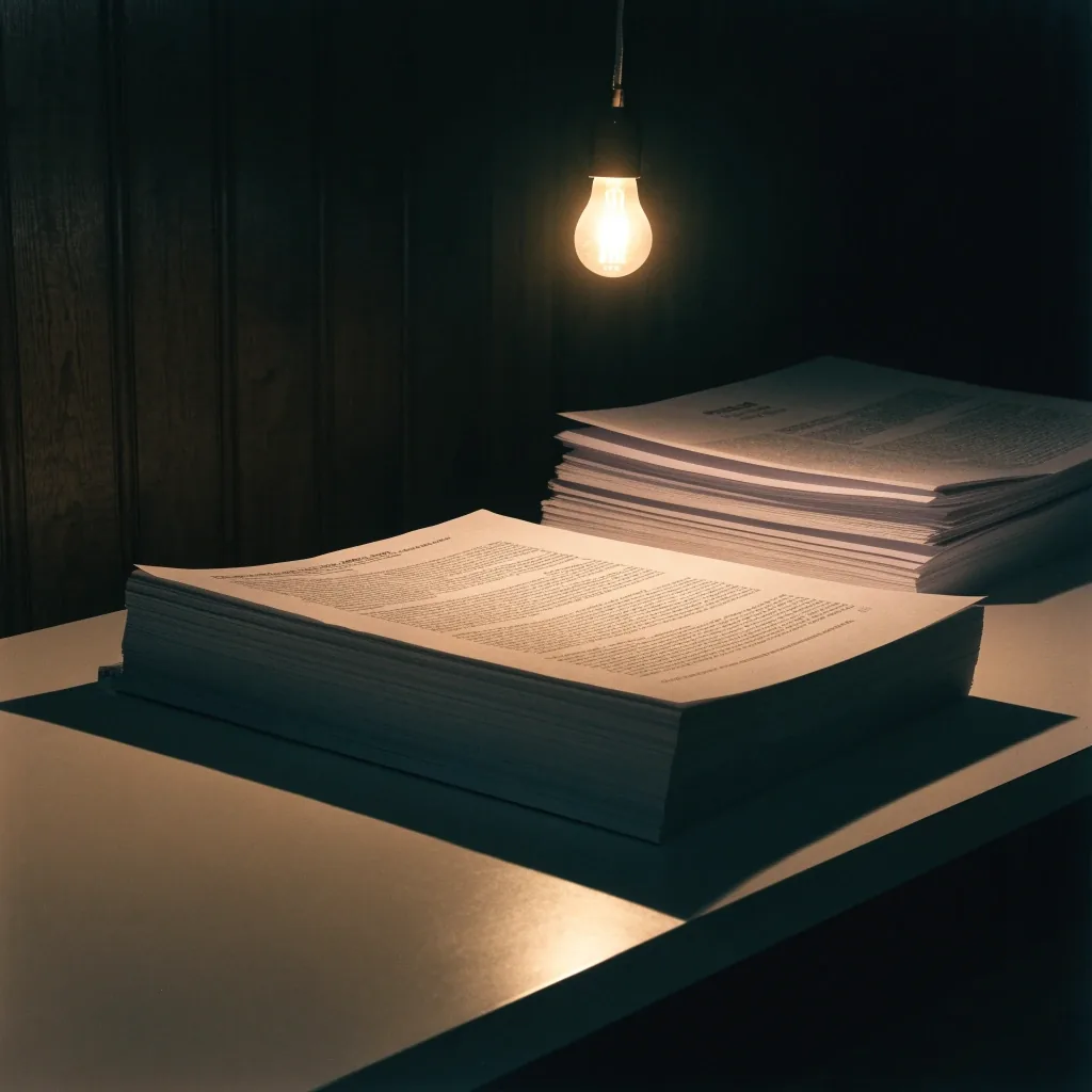 A bound formula ledger open flat on a print table under one warm bulb, with uncut sheets stacked beside it