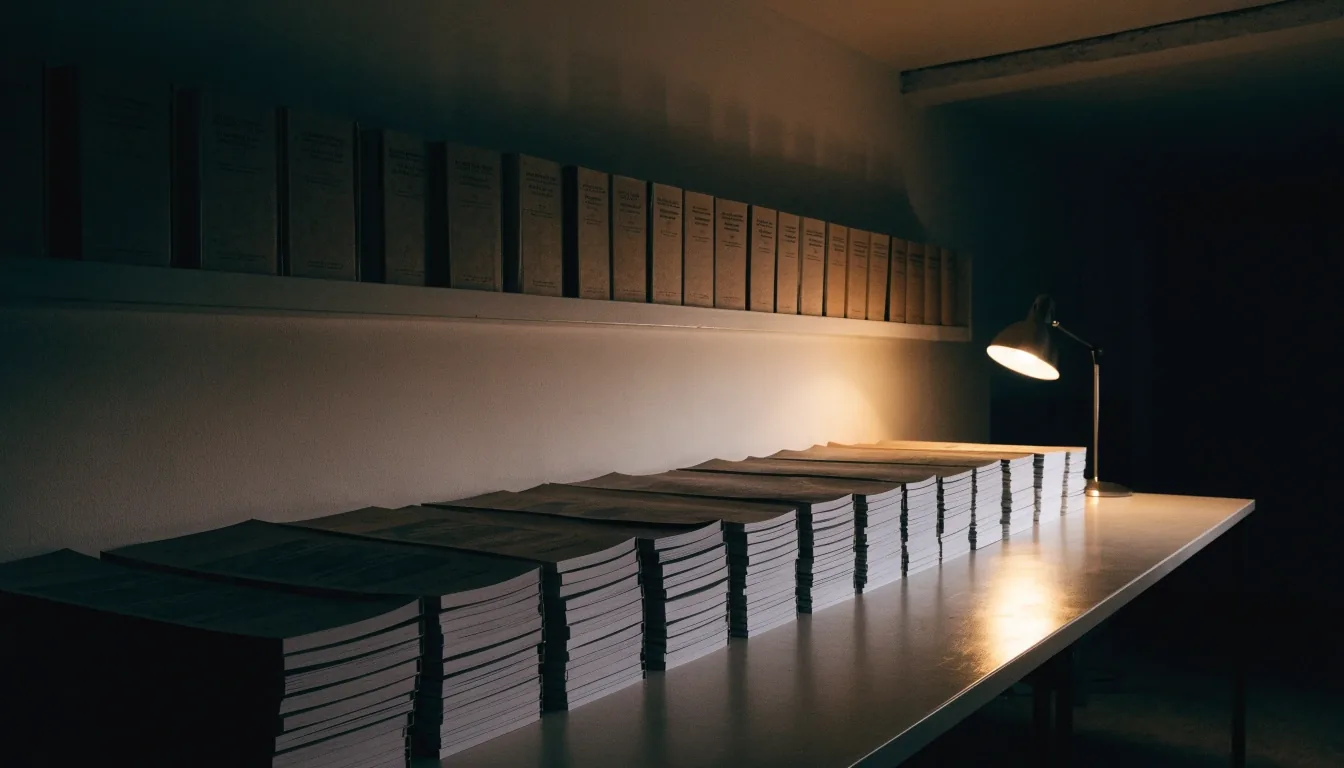 A shelf of bound formula ledgers with plain spines, lit by a single lamp in a print room