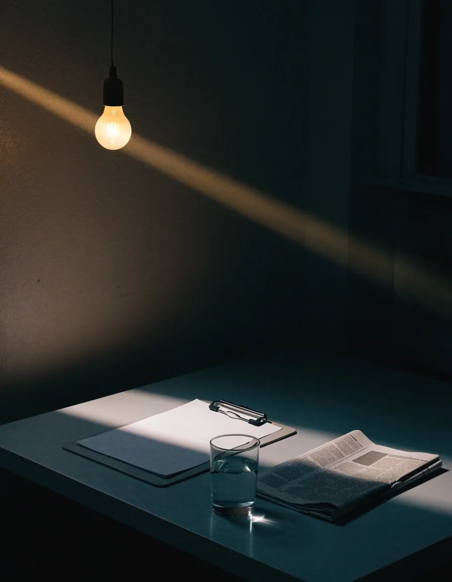 An editor's table under a warm bulb with a plain clipboard, folded paper and a glass of water