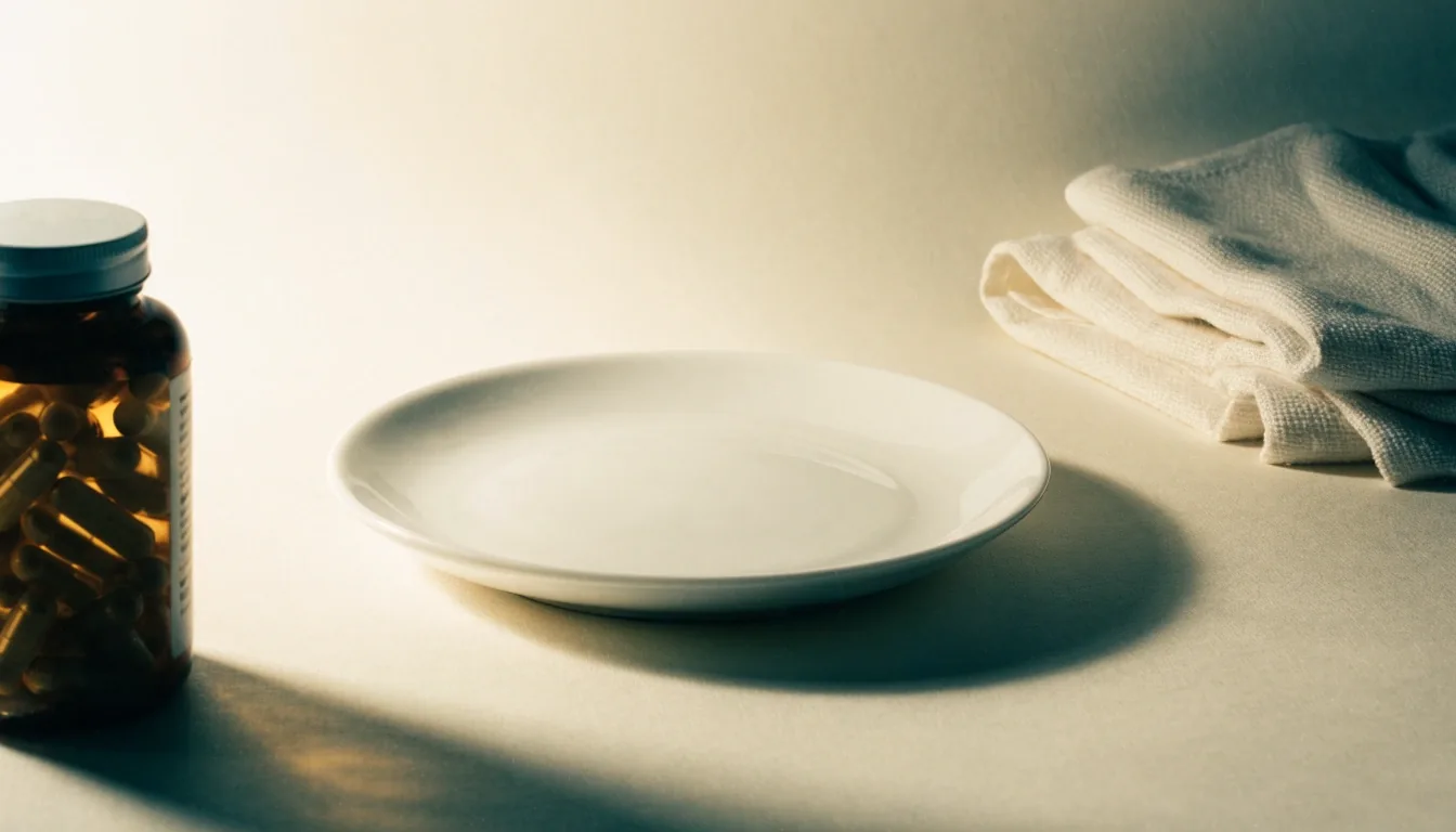 Empty white plate on pale board stock beside an unbranded amber bottle and a folded cotton cloth under warm side light