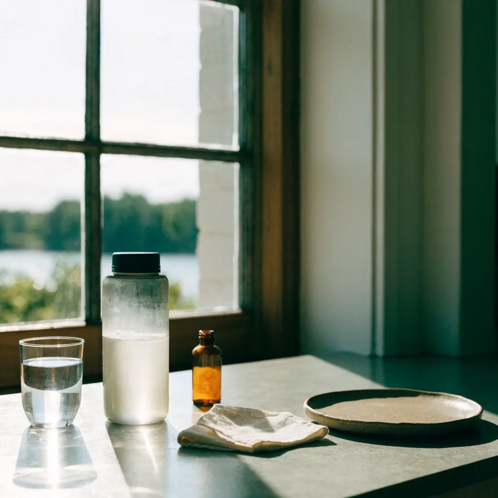 A kitchen counter with a glass of water, an unlabelled shaker bottle and a small bottle beside a folded cloth