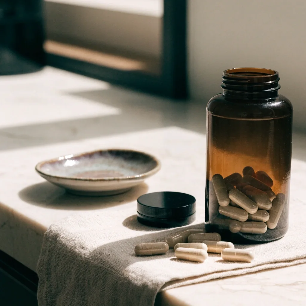 An unlabelled supplement bottle open on a dry kitchen shelf with a few capsules resting on a folded cloth