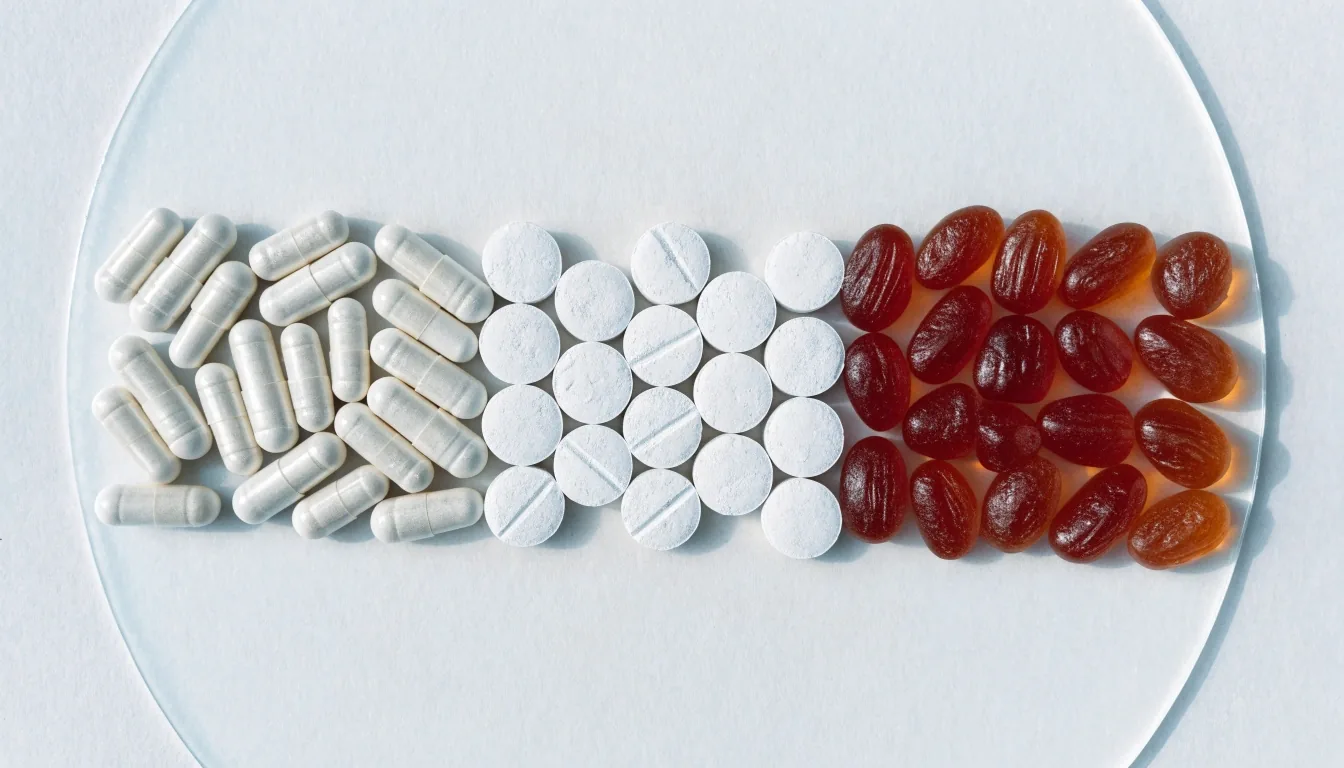 Three rows of unbranded capsules, tablets and gummies arranged on a white plate in flat daylight