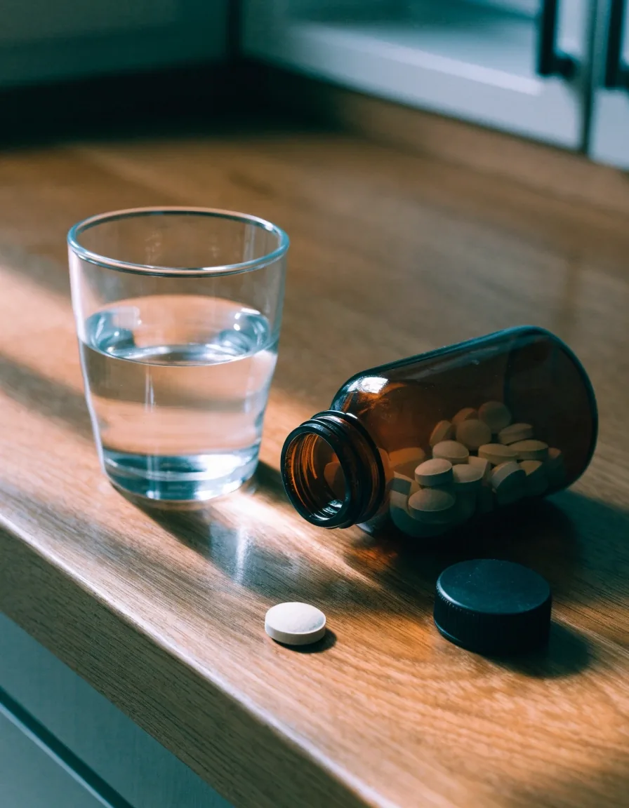 An unlabelled daily formula bottle and a glass of water on a kitchen counter in early morning light