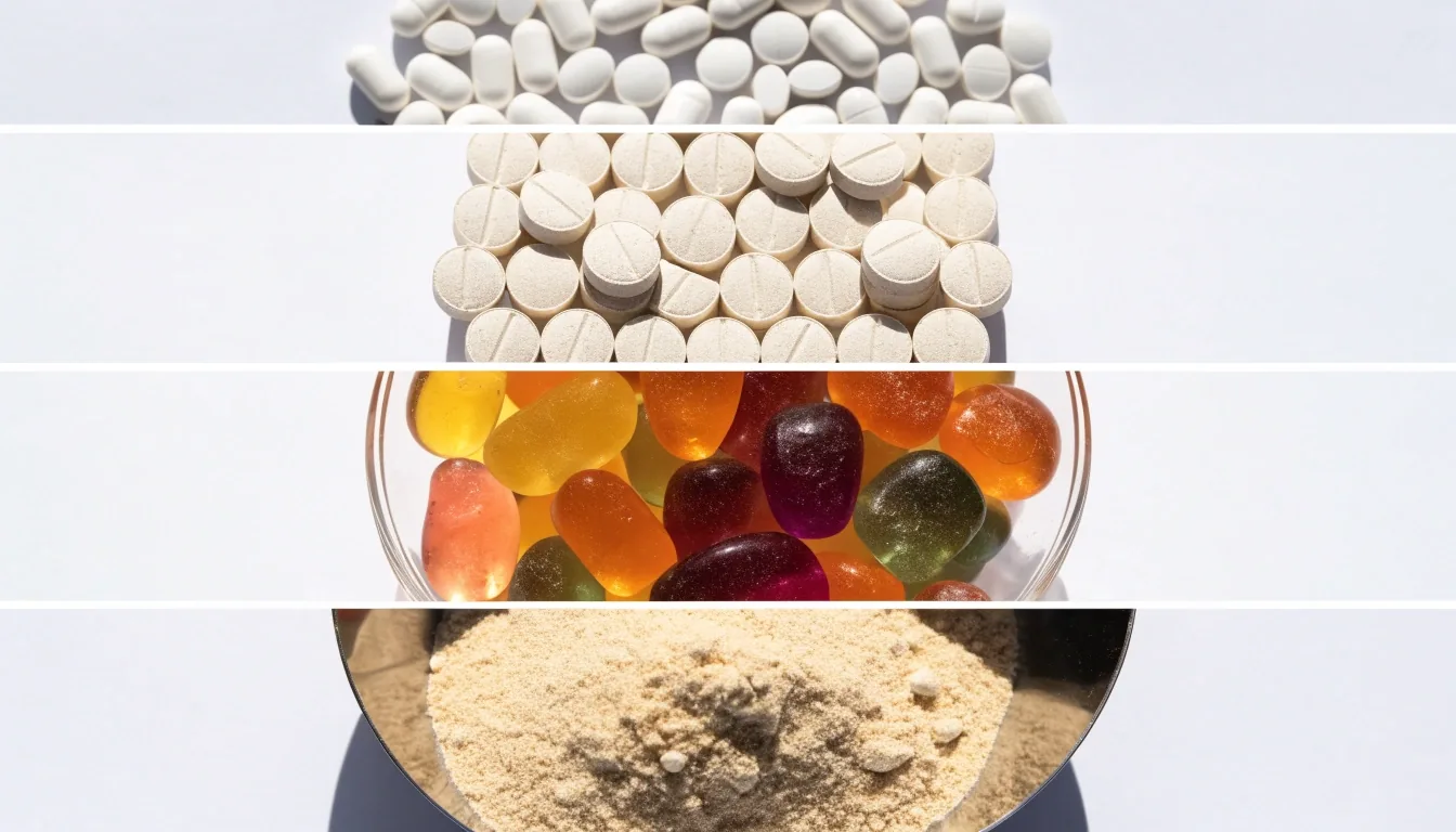 Capsules, tablets, gummies and a scoop of whole-food powder arranged as four equal rows on white board stock