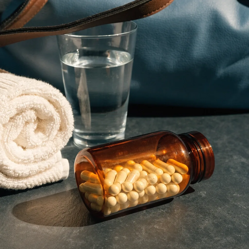 A plain bottle of capsules, a folded training towel and a glass of water on a pale kitchen counter in morning light