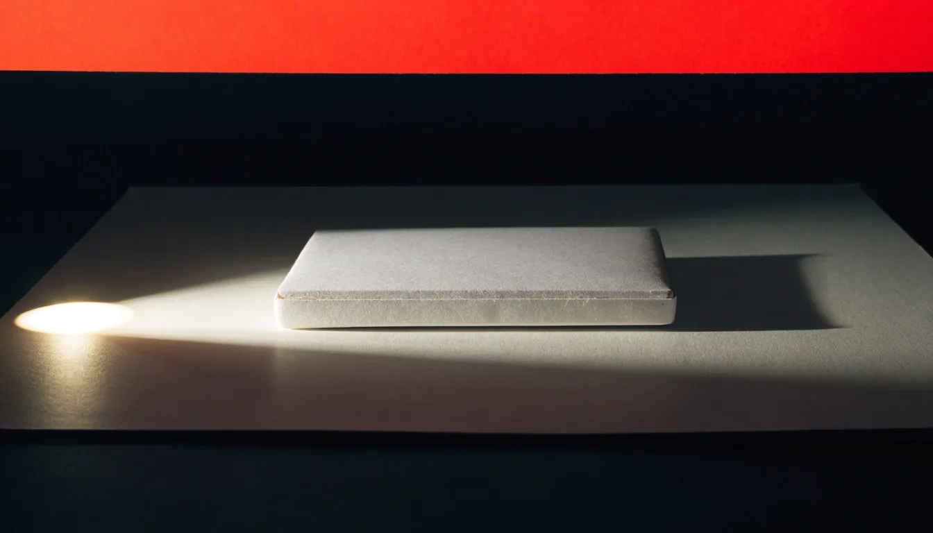 A white reading plate framed by two flat colour bands on a print table under a single warm bulb