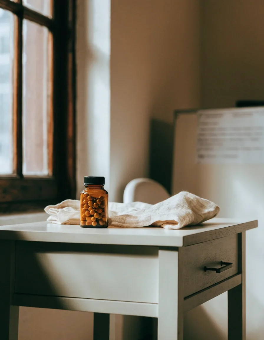 An unmarked amber glass bottle and folded cloth on pale board stock under soft side light
