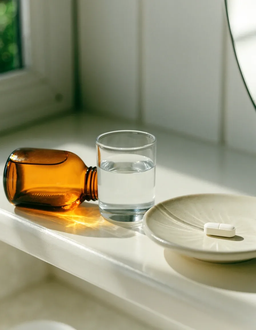 An open unlabelled amber bottle beside a glass of water and two tablets on a kitchen counter in morning light