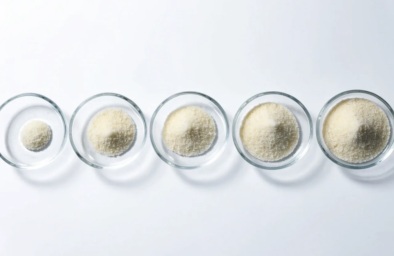 Five small dishes holding measured pale powder piles arranged in a row on white board stock
