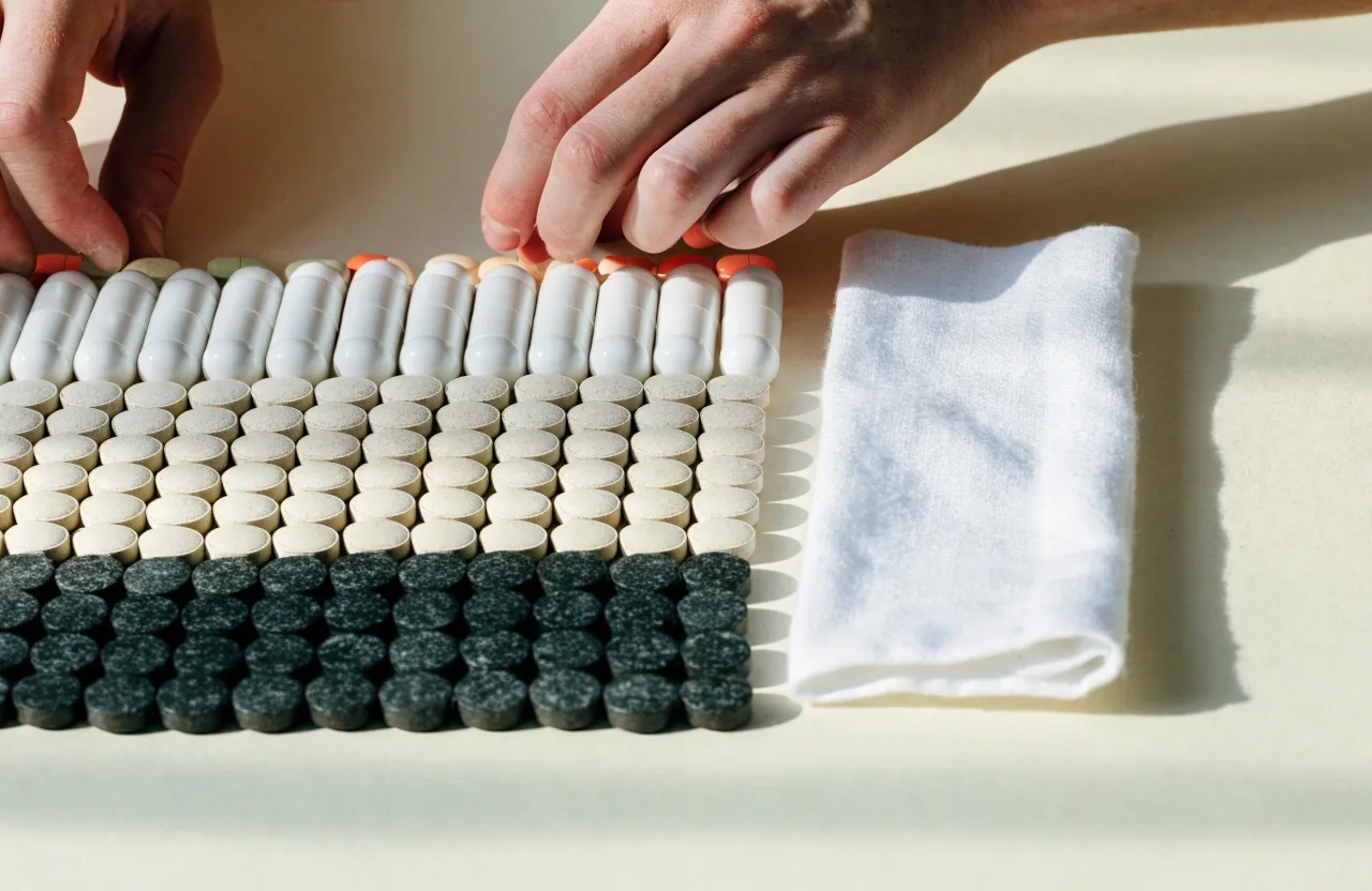 White capsules and scored tablets laid in a row on pale board stock under daylight